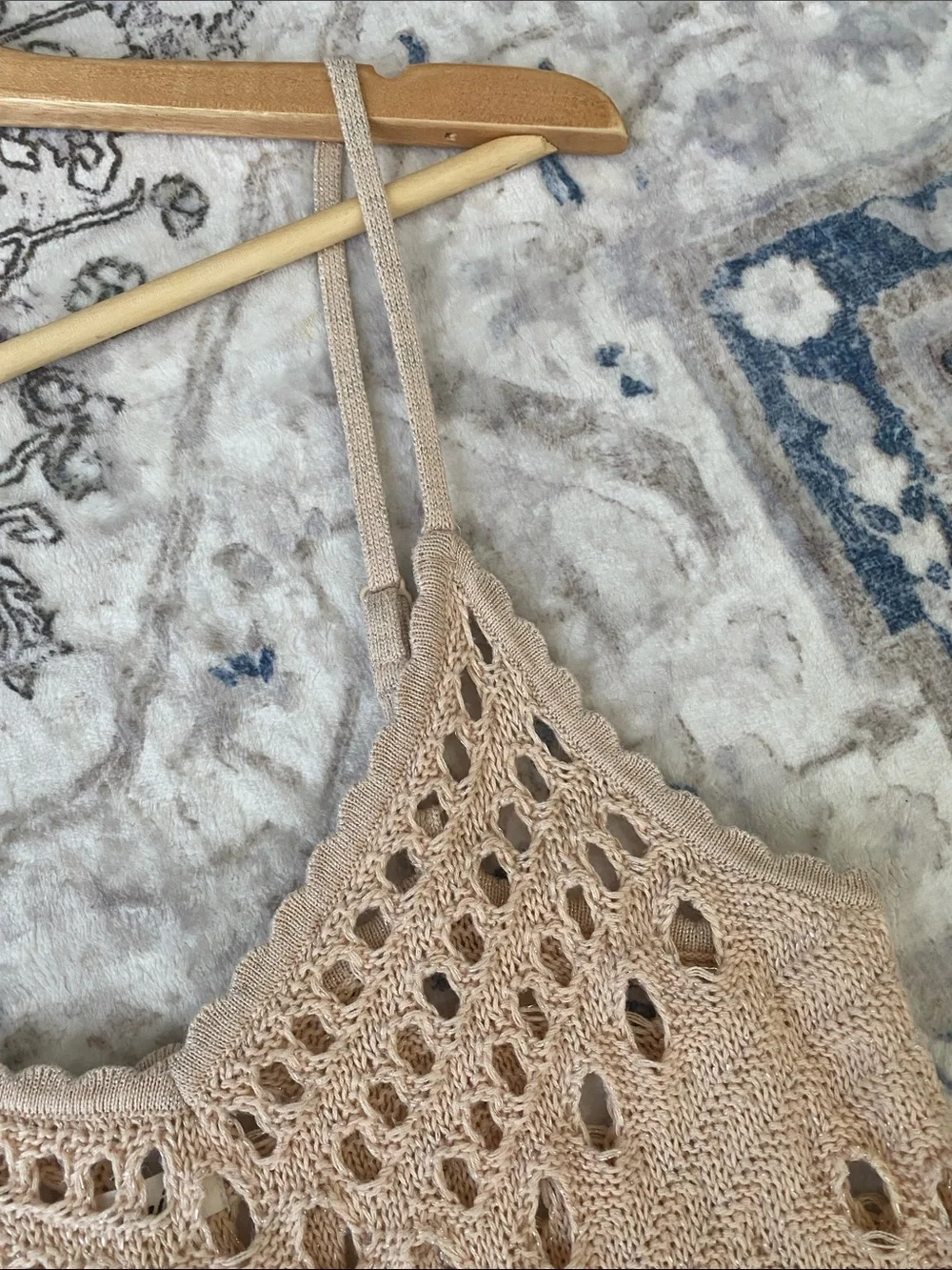 Aerie Beige Crochet Metallic Knit Swim Cover-Up Mini Dress